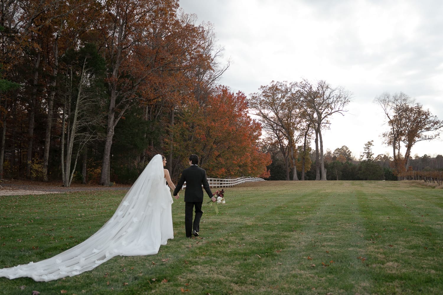 Bride and groom walk holding hands after their elopement ceremony enjoying the fall landscape.